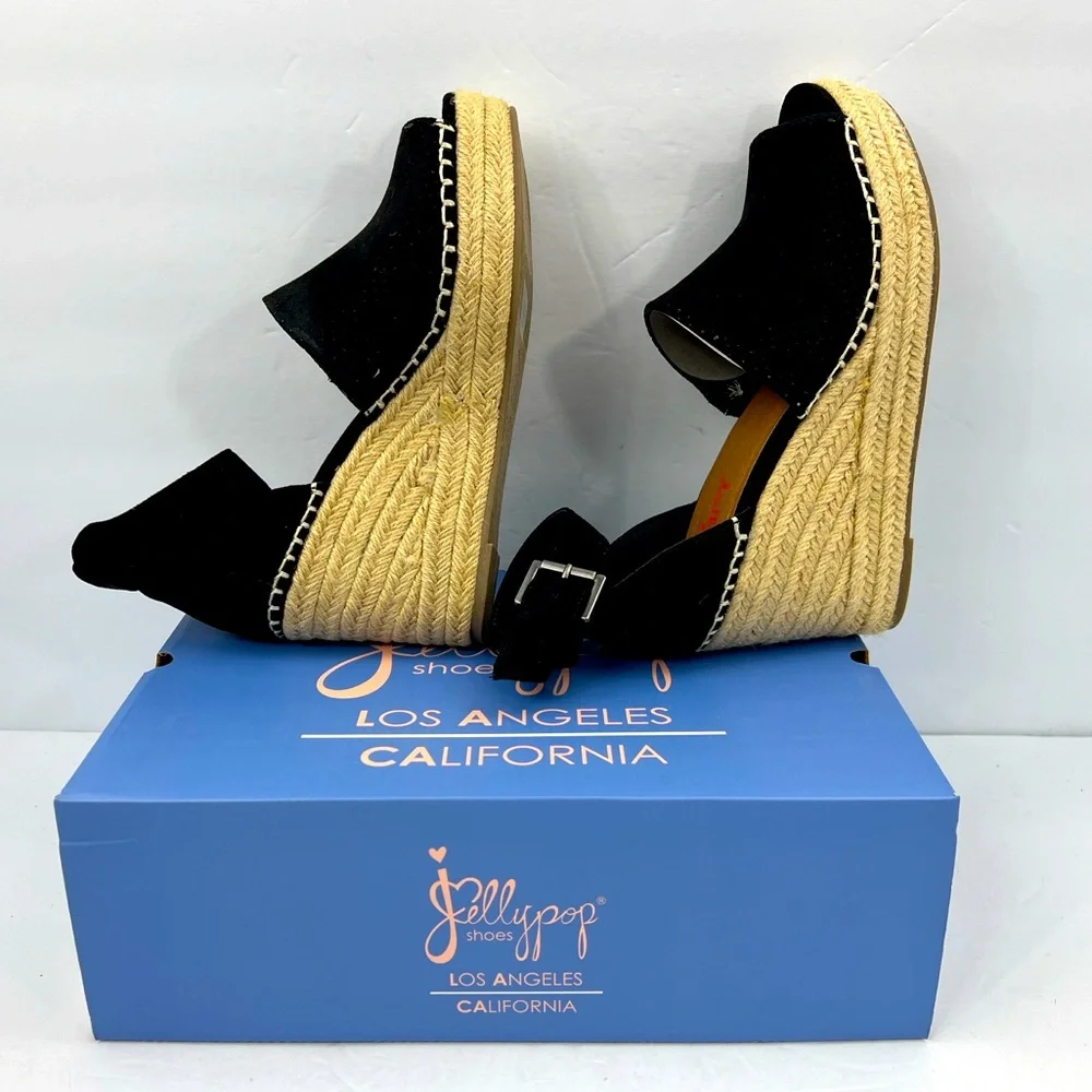 JELLYPOP, RAVISHING BLACK ESPADRILLE, PEEP TOE, WEDGES ADJUSTABLE ANKLE LOOP,10M - Picture 7 of 16